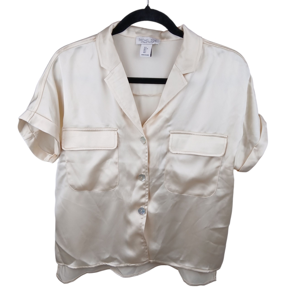 Rachel Zoe Cream Satin Short Sleeve Top Pockets Button Cuffed Size Large